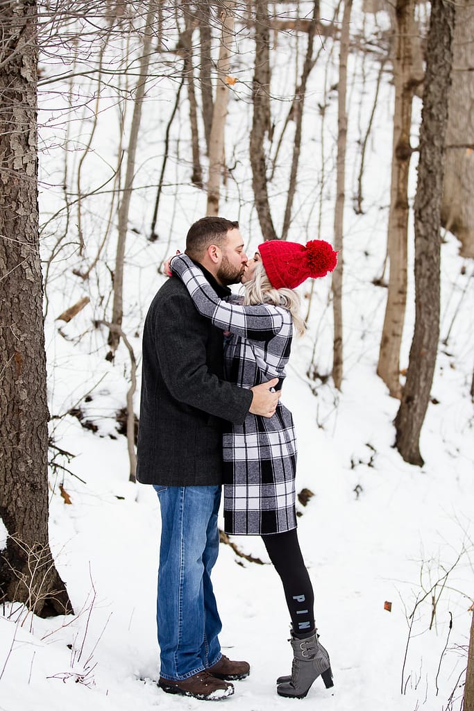 Winter engagement mill pond kiss